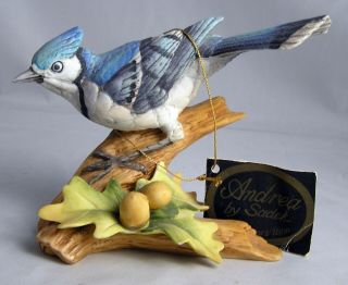Andrea By Sadek Bird Figurine Blue Jay On Tree Trunk With Acorns 9973 W/tag