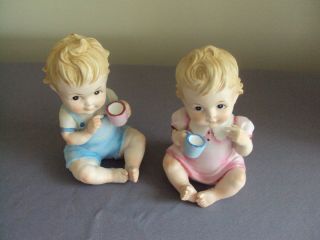 Vintage Bisque Porcelain Lefton Piano Baby Girl & Boy Holding A Cup Kw03499