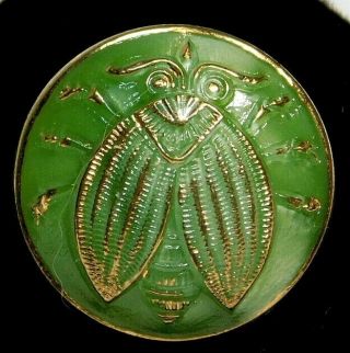 Antique Vtg Button Green Moonglow Glass Beetle Bug W Gold 13/16 S