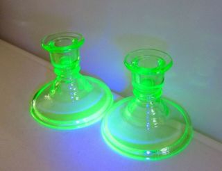 2 Vintage Candlesticks Green Vaseline Depression Glass Uranium