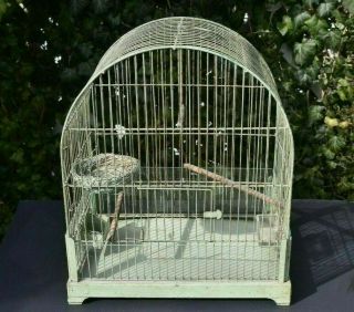 Bird Cage Vintage Arched Green Wire & Metal Nest Glass Guards Food Cups On