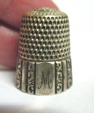 Antique Sterling Silver Thimble 28 Initials " M " & " F " Size 10 5.  5 Grams