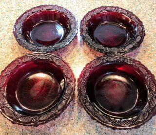 4 Avon Cape Cod Ruby Red Glass Round Cereal Bowls 7 1/4 Inches