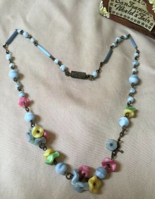 Antique Czech Molded Multi Color Art Glass Bell Flower Bead Necklace