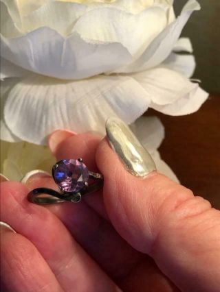 Vintage Sterling Silver Round Cut Solitaire Amethyst? Ring - Size 7.  5