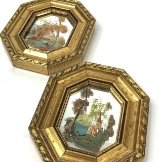 Vintage Italy Gold Frame Mirror Pair Hand Painted Oil On Glass Wall Art Octagon