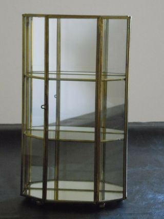Glass & Brass 3 Shelf Display Case Curio Cabinet Table Shelf Mirror Back Bottom