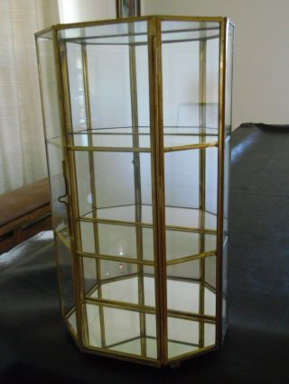 Glass & Brass 3 Shelf Display Case Curio Cabinet Table Shelf Mirror Back Bottom 2