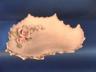 Vintage Lefton Lamore China Handmade Porcelain Leaf Trinket Dish Pink Roses Mioj