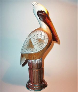 Old Pelican Hand Carved Painted Wood Art Sculpture Statue Figurine Vintage 11 "