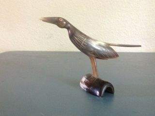 Vintage Carved Cow Horn Bird Statuette 5 " Tall And 8.  5 " Long On Horn Base
