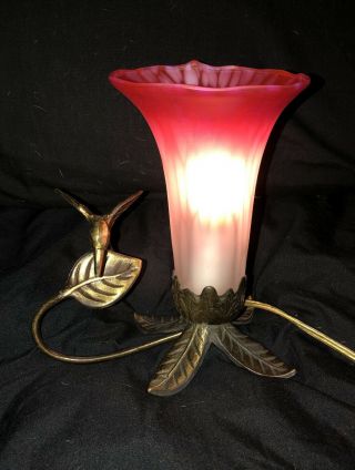 Vintage Andrea By Sadek Frosted Glass Floral Trumpet Hummingbird Lamp Light Pink