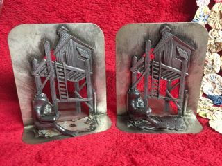 Vintage Pewter Bookends Frog Reading Book With Tree House Metzke 1980