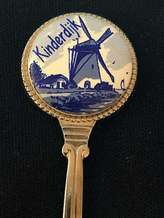 Kinderdijk Holland Souvenir Spoon Delft Blue Windmill Porcelain 4.  5 " Silvertone
