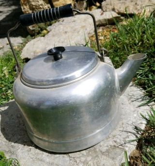 Vintage Antique Large Mirro Cast Aluminum Tea Pot Kettle Stove Top Wood Handle