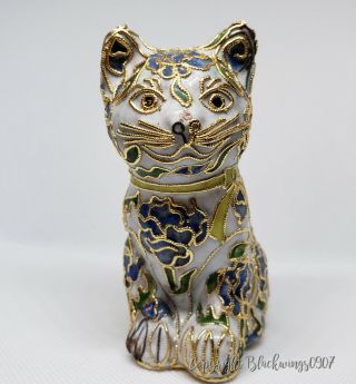 Cloisonne Cat Copper Enamel Gold Kitten Floral White Blue Figurine Vintage Rare
