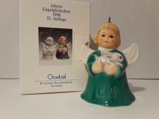 Goebel Angel Bell Annual Ornament 1999 Vintage Germany Green Robe Holding Rabbit