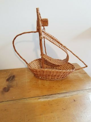 Vintage Wicker Rattan Sailboat Ship Planter Basket 2