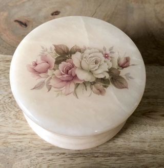 Vintage Alabaster Hand Carved Trinket Jewelry Box Made In Italy Flowers