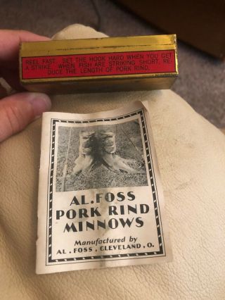 Vintage Al Foss Pork Rind Minnow Red Tin Box Bottom Only And Paper