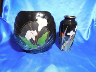 2 Otagiri Black Floral,  Gold Trimmed Flower Vases,  Regular And Bud,  Made Japan