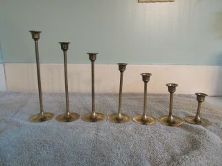 Vtg Set Of 7 Solid Brass Candle Stick Holders Graduating 3 " To 9 " H
