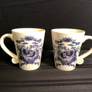 Set Of 2 Classic Ceramics California Pantry Blue Toile Roosters Coffee Cup Mug