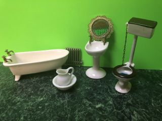 Vintage 7 Pc Porcelain Dollhouse Miniatures Bathroom Tub Toilet Sink Set