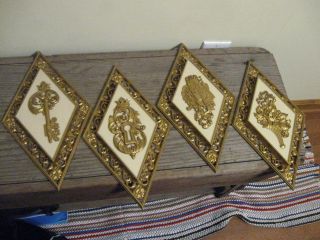 Set 4 Vtg Syroco 4271 Gold Tone Plastic Wall Plaques Musical Instrruments