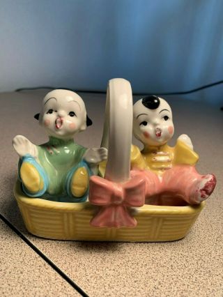 Vintage Occupied Japan Oriental Babies In A Basket Salt & Pepper Nester 3 Piece