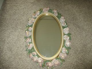Vintage Home Interiors Oval Wall Mirror Pink Roses Syroco Plastic 27 " X 18 " Usa