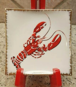 Vintage Red Lobster Dish Lemon Tray Butter Pat Ceramic Vintage Gold Trim 3 5/8 "