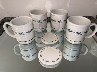 Longaberger Pottery Holiday Holly Mug Set Of 4 W/ 2 Coasters 12oz 12 Oz