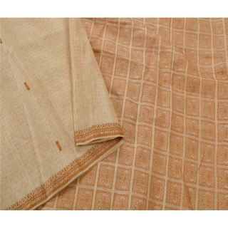 Sanskriti Vintage Cream Saree Pure Silk Woven Craft 5 Yd Decor Fabric Sari
