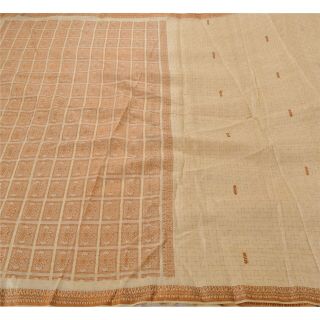 Sanskriti Vintage Cream Saree Pure Silk Woven Craft 5 Yd Decor Fabric Sari 2