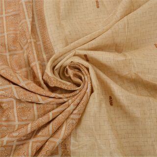 Sanskriti Vintage Cream Saree Pure Silk Woven Craft 5 Yd Decor Fabric Sari 5