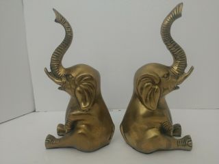 Vintage Old Solid Brass Elephant Bookends 9 " Tall Trunks Up