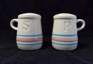 Vintage Mccoy Pottery Pink And Blue Striped Barrel Shape Salt And Pepper Shakers