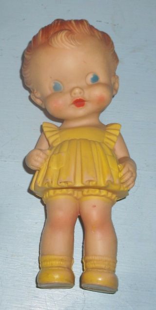 Vintage Sun Rubber Girl Doll Squeak Toy Not Yellow Dress Red Hair