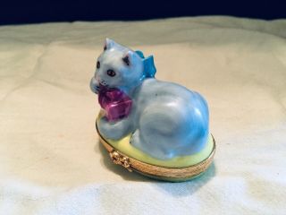 Artoria Limoge Trinket Box,  Blue Cat With Present,  Numbered 4