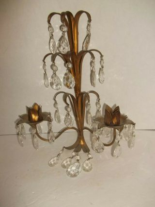 Vintage Italy Tole Regency Copper Tone Metal Duo Light Candle Wall Sconce Prisms