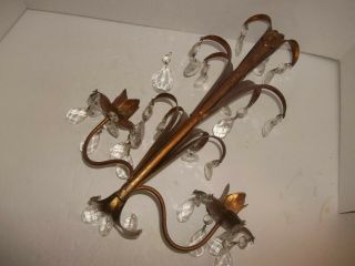 Vintage Italy Tole Regency Copper Tone Metal Duo Light Candle Wall SCONCE Prisms 2