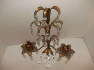 Vintage Italy Tole Regency Copper Tone Metal Duo Light Candle Wall SCONCE Prisms 4