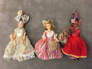 Set Of 3 Vintage Antique Carlson Doll 7 1/2 " Tall In Need A Little Tlc