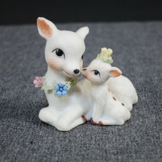 Vtg Miniature Deer Fawn And Baby Doe By Napcoware Made In Japan White Flowers