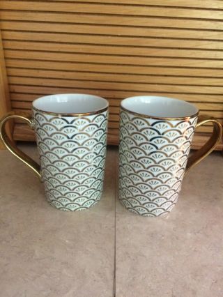 10 Strawberry Street Coffee Cup Mugs Metallic Gold /white Shell Pattern