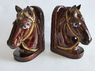 1950s Vintage Ceramic Horse Head Bookends,  Hand Painted,  Made In Japan