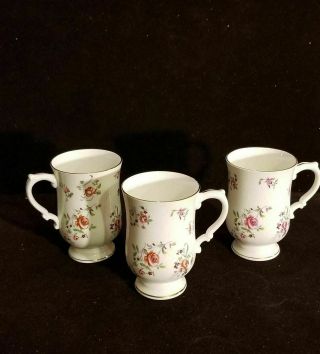 Set of 3 Vintage Royal Victoria Footed Cups Mugs Pink White Roses Bone China 2