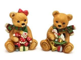 Vintage Homco 5251 Country Christmas 4 - Inch Teddy Bear Figurines Pair