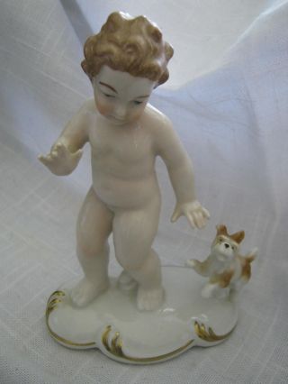 Very Fine Neutettau Porcelain Nude Child W/ Dog Figure 1920 - 37 Mark,  5 1/2 " Tall